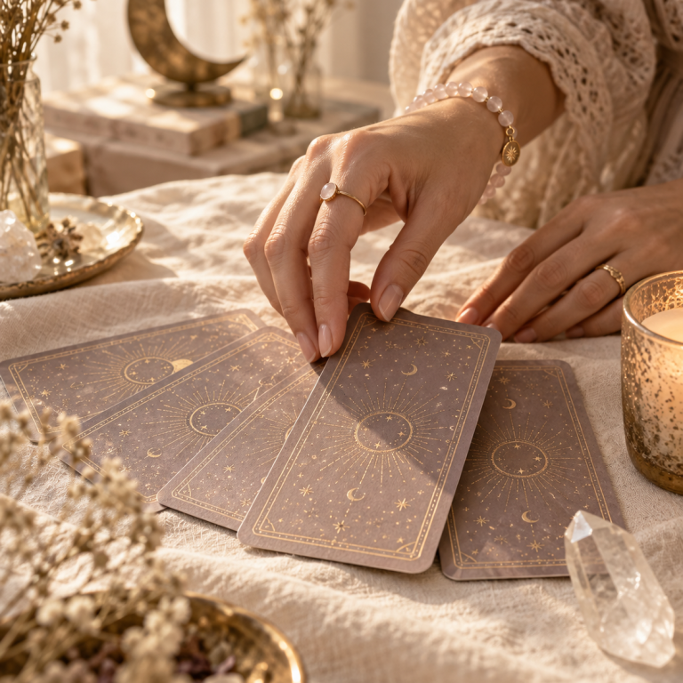 Illustration d’un tirage de cartes d’oracle dans une ambiance douce et lumineuse.