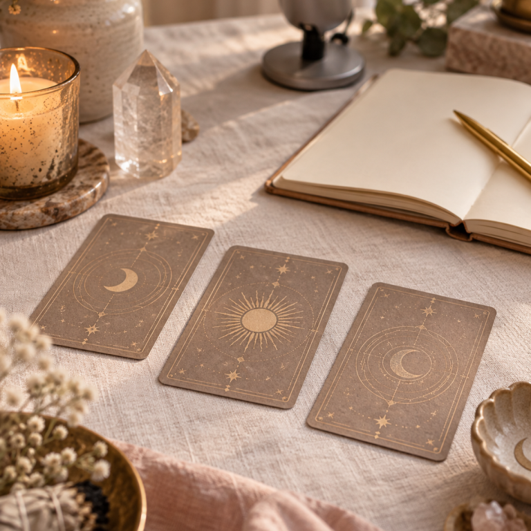 Guidance par vocal — un message personnalisé Cartes d’oracle, carnet et microphone pour la préparation d’une guidance vocale personnalisée.